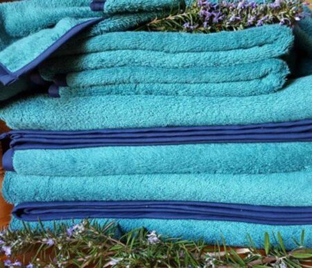 Organature Organic Cotton Terry Towelling Bathroom Range - Hand Towel / Hair Towel - Green with Slate Blue Trim